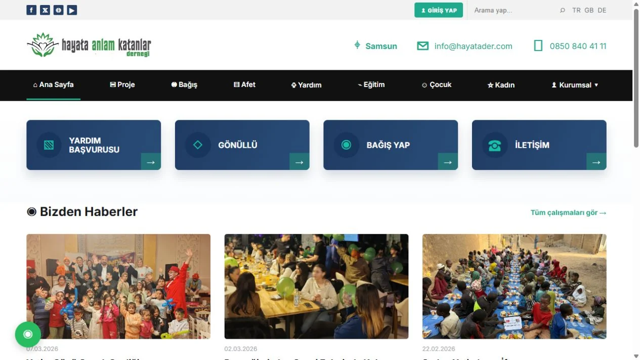Hayata Anlam Katanlar Derneği web sitesi ana sayfası